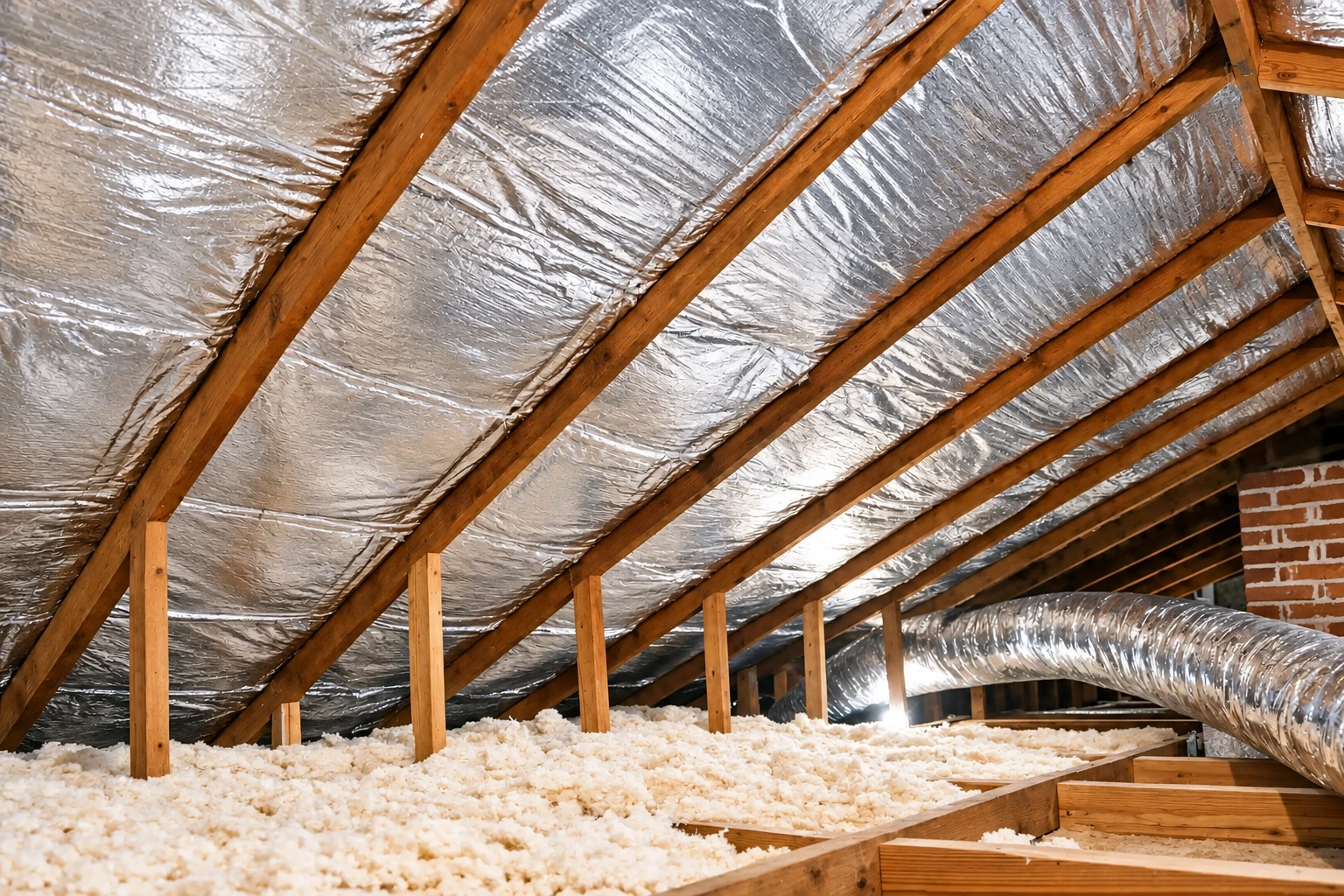 Attic roof lined with reflective insulation between wooden rafters, above loose-fill insulation and a silver air duct.