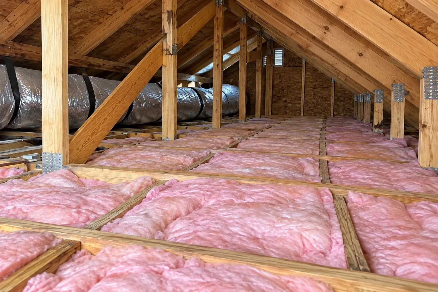 Attic with pink insulation between floor joists, exposed wooden trusses, and silver flexible ducts.