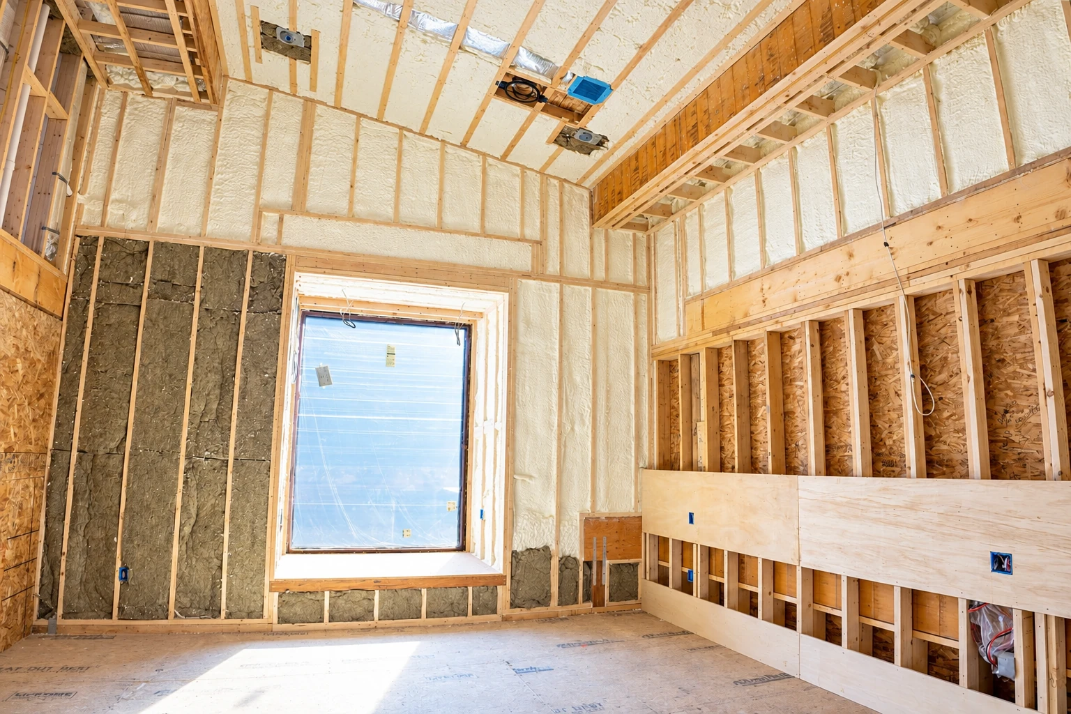 An unfinished room has white spray foam insulation between wall and ceiling studs, with some wall bays still exposed.