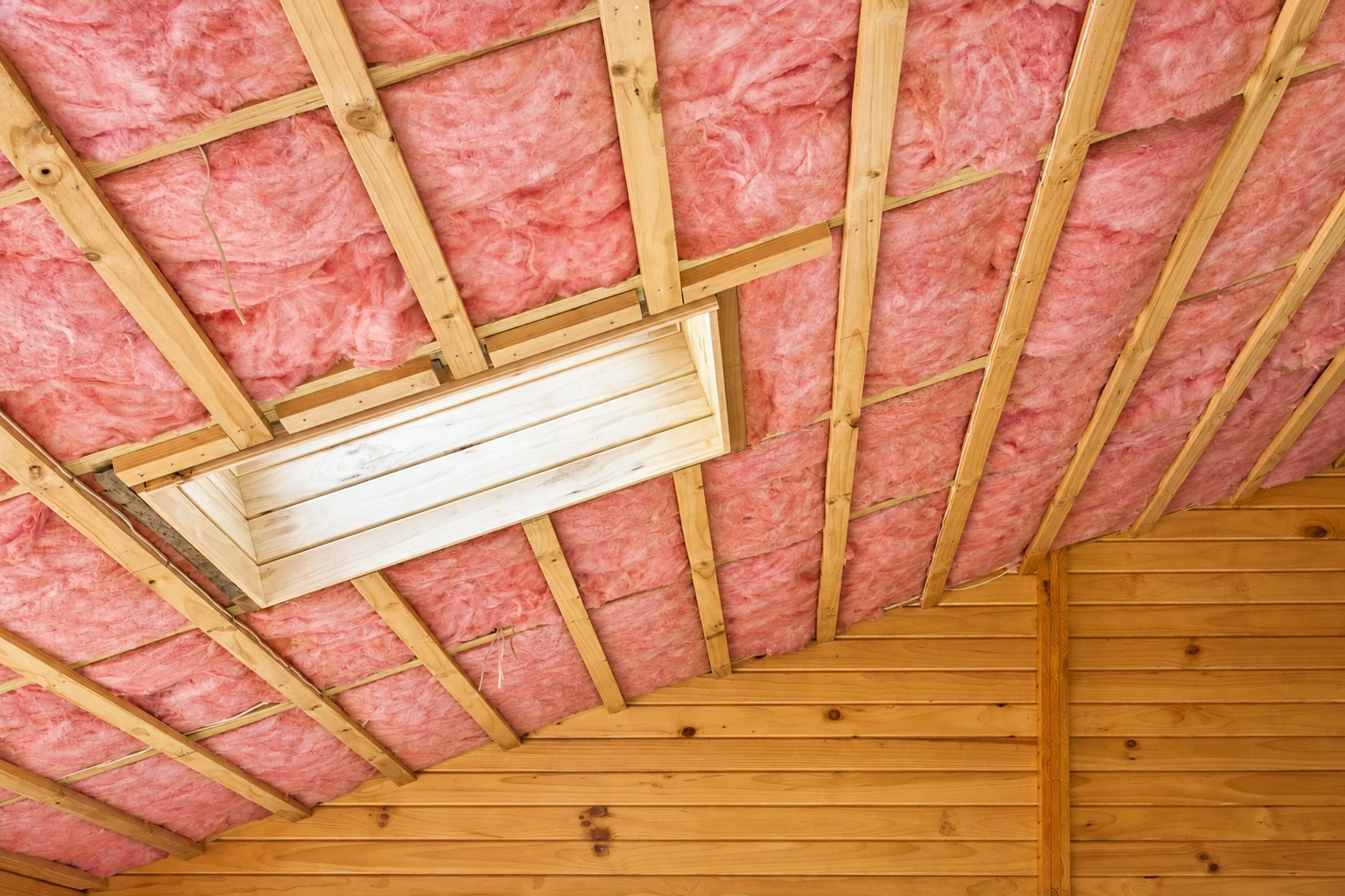 Pink batt insulation fitted between wooden rafters around an attic hatch.