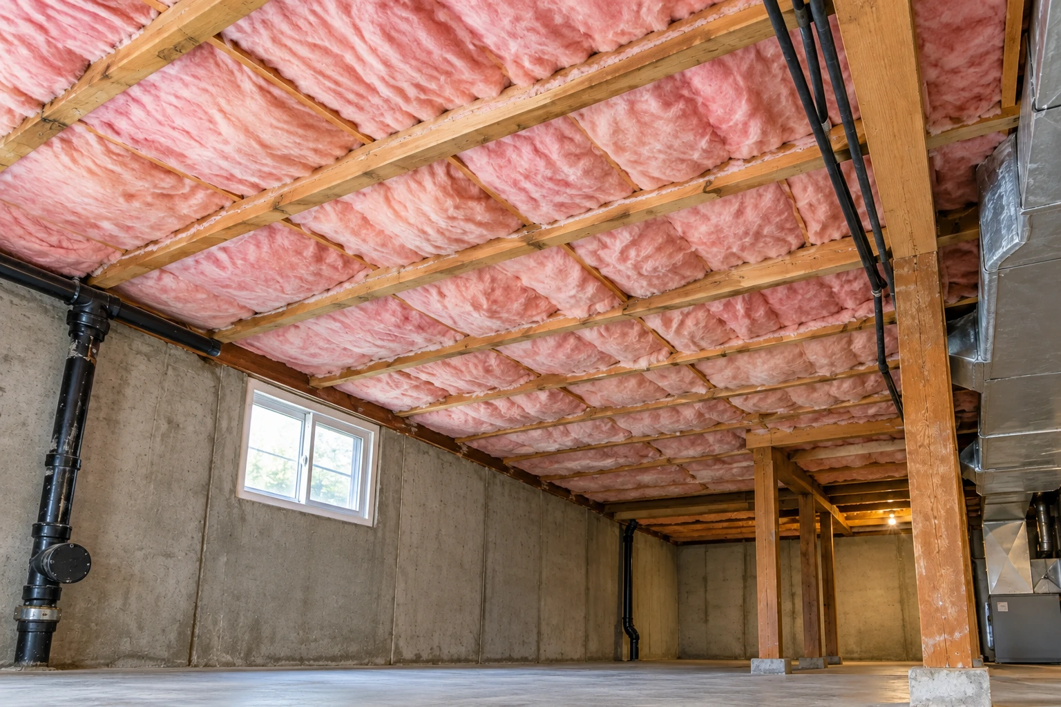 Basement with pink fiberglass batts fitted between exposed wooden ceiling joists.