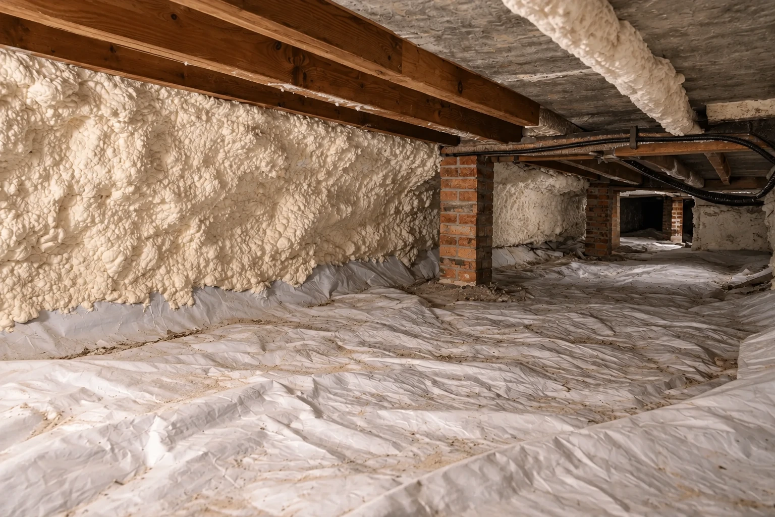 Crawl space with rough white spray foam covering the walls and a plastic sheet across the floor.