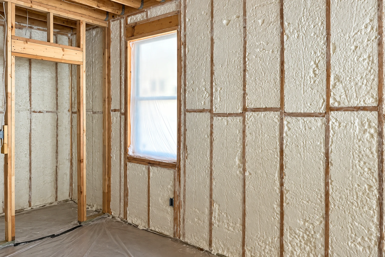 White closed-cell spray foam covers the exposed walls of a framed room around a window.
