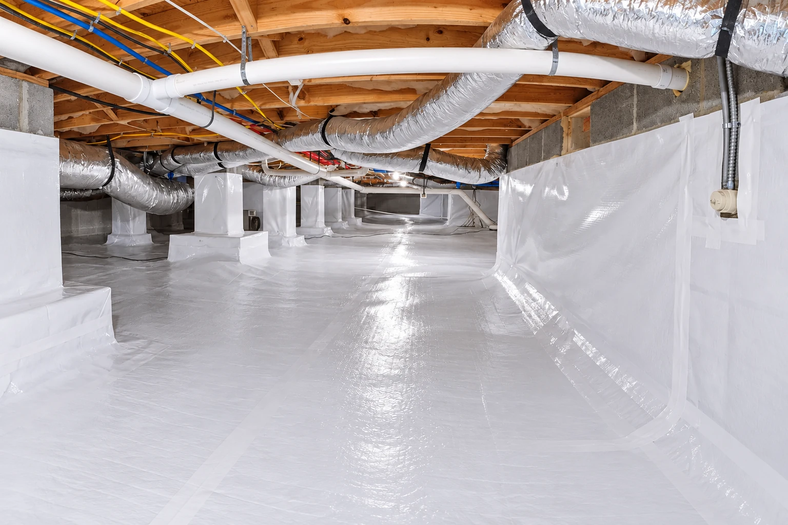 Crawl space with a white plastic vapor barrier covering the floor and walls beneath ducts, pipes, and wooden joists.