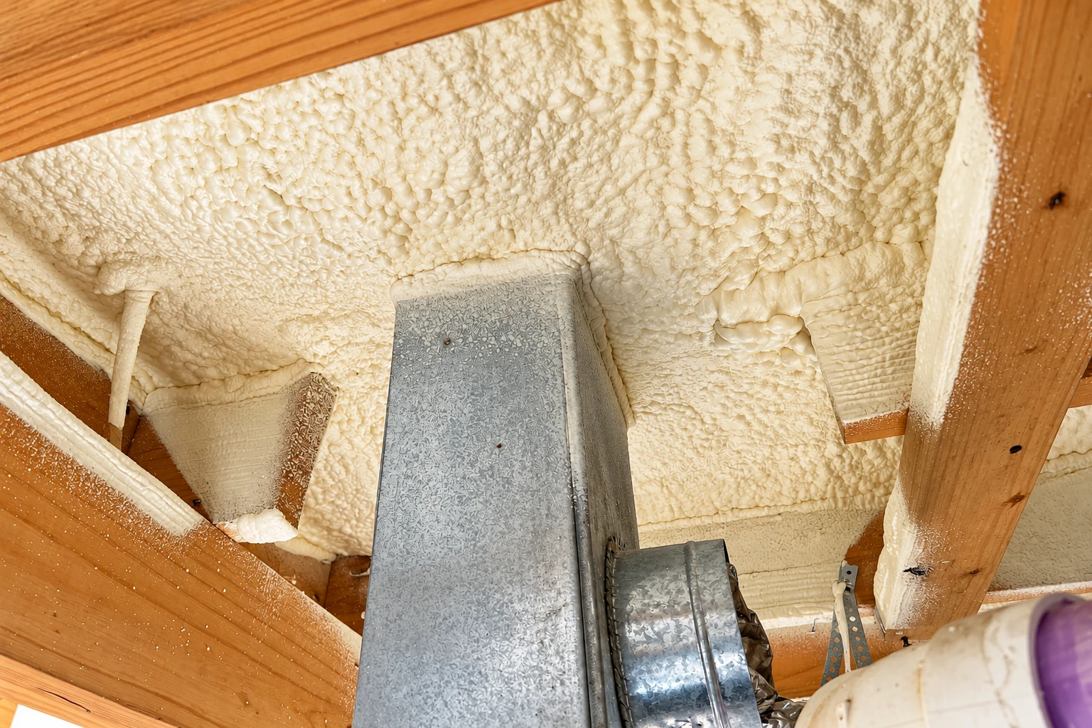 White spray foam insulation coats the underside of a crawl-space floor between wooden joists, surrounding a metal duct.