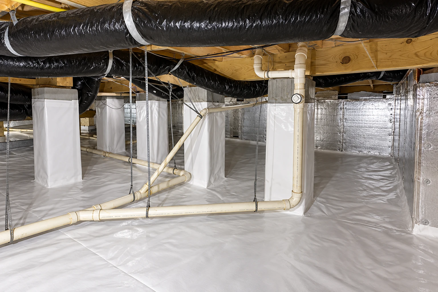 Crawl space with a white vapor barrier covering the floor and support piers, beneath black ducts and exposed pipes.