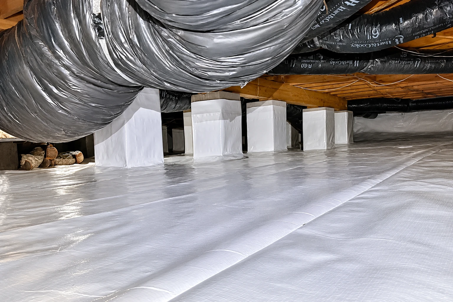 Crawl space floor covered with a white vapor barrier beneath large silver ducts and wooden floor joists.