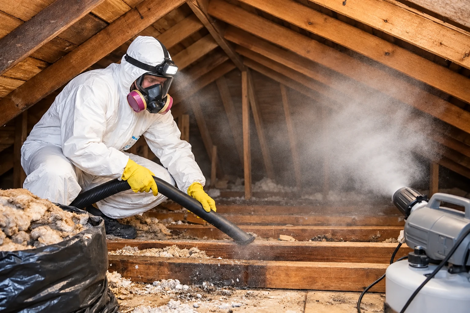 A worker in protective gear vacuums loose attic insulation through a hose as dust rises.