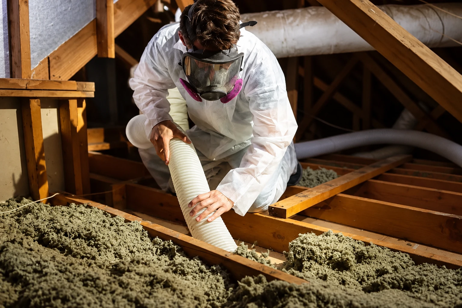 Worker in protective coveralls and a respirator removing attic insulation with a large flexible hose.