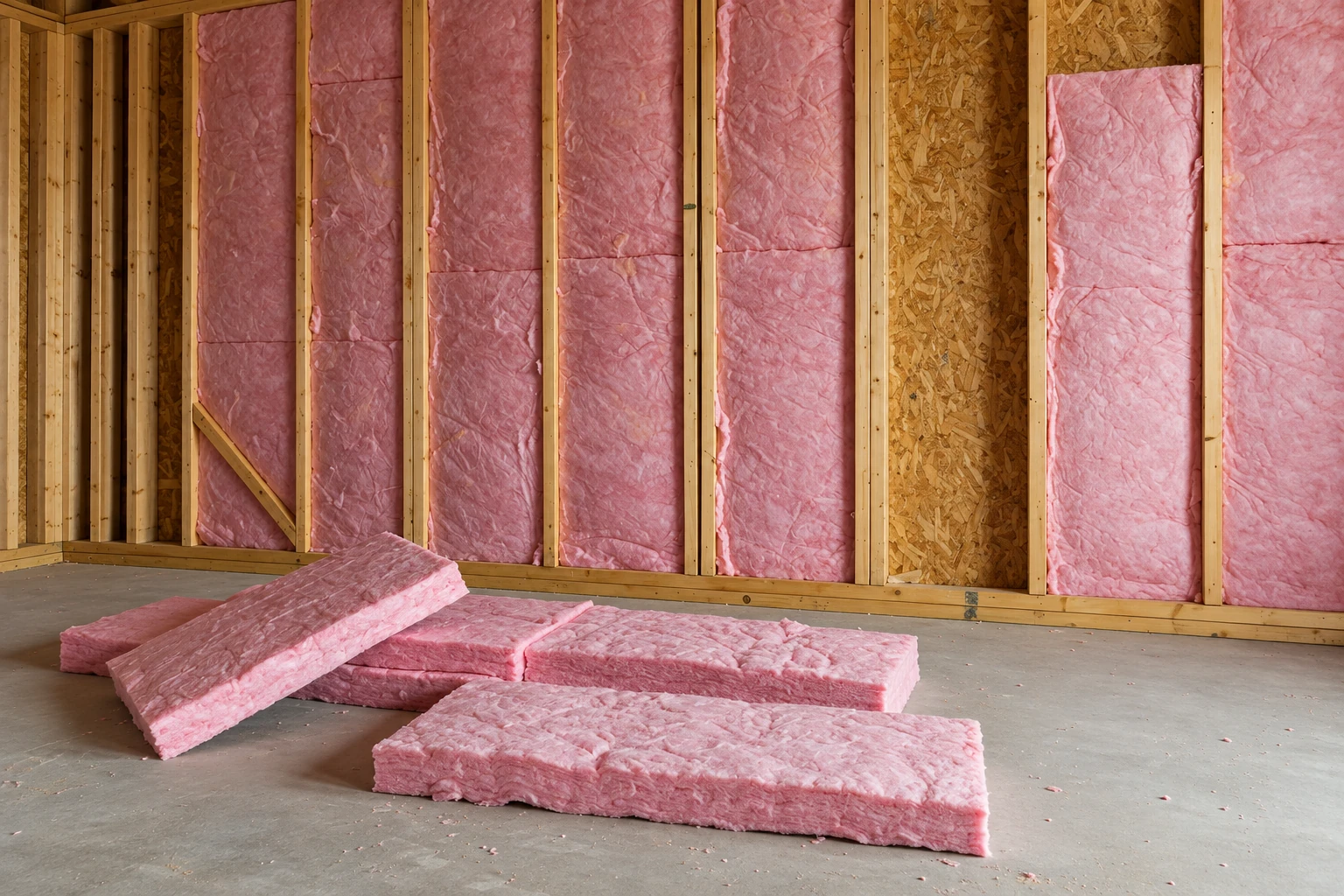 Pink fiberglass batts fill wall studs in an unfinished room, with extra insulation pieces laid across the concrete floor.