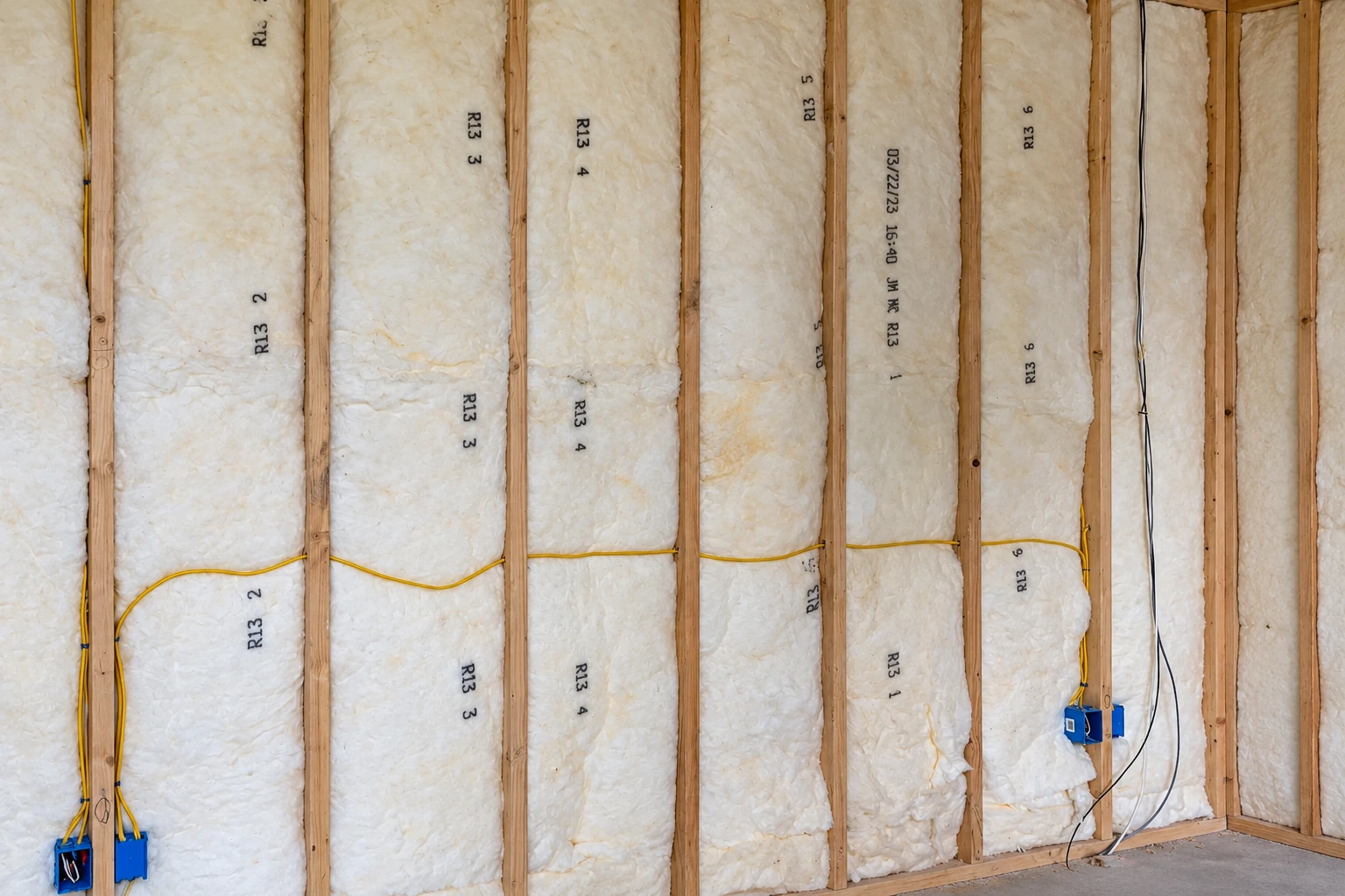 White fiberglass batts fill wall cavities between exposed wooden studs, with yellow wiring and blue electrical boxes visible.