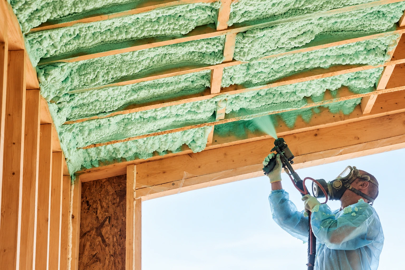 A worker sprays pale green foam insulation between exposed wooden roof rafters.