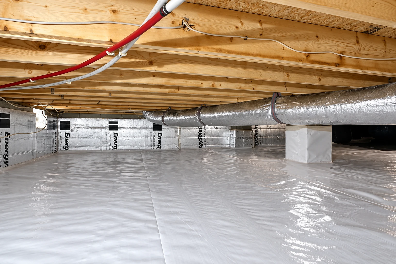 Crawl space with a white vapor barrier across the floor, foil-covered walls, exposed joists, and a large silver duct.