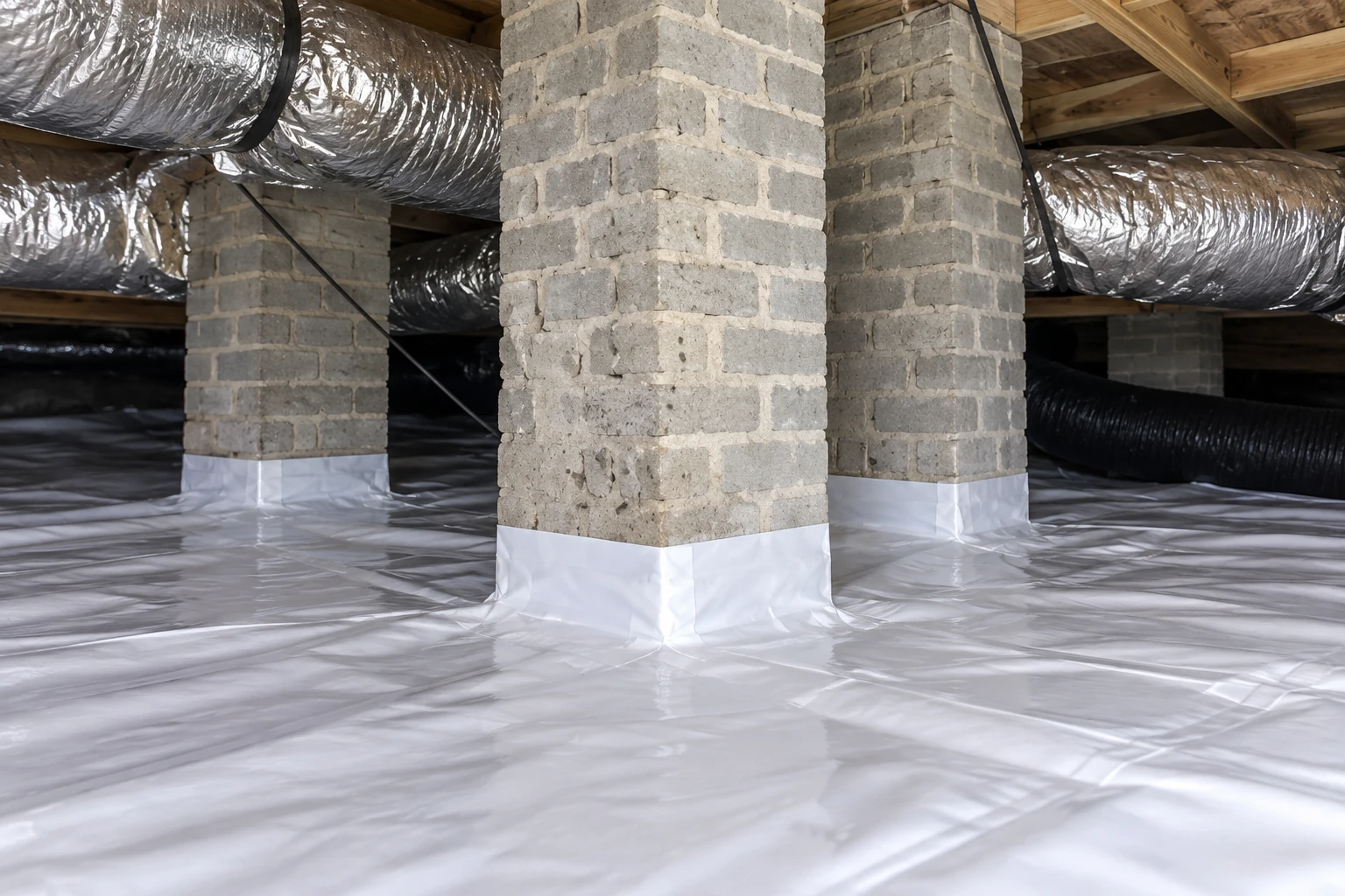 Crawl space floor covered with a white vapor barrier fitted around masonry support columns, beneath silver ducts.