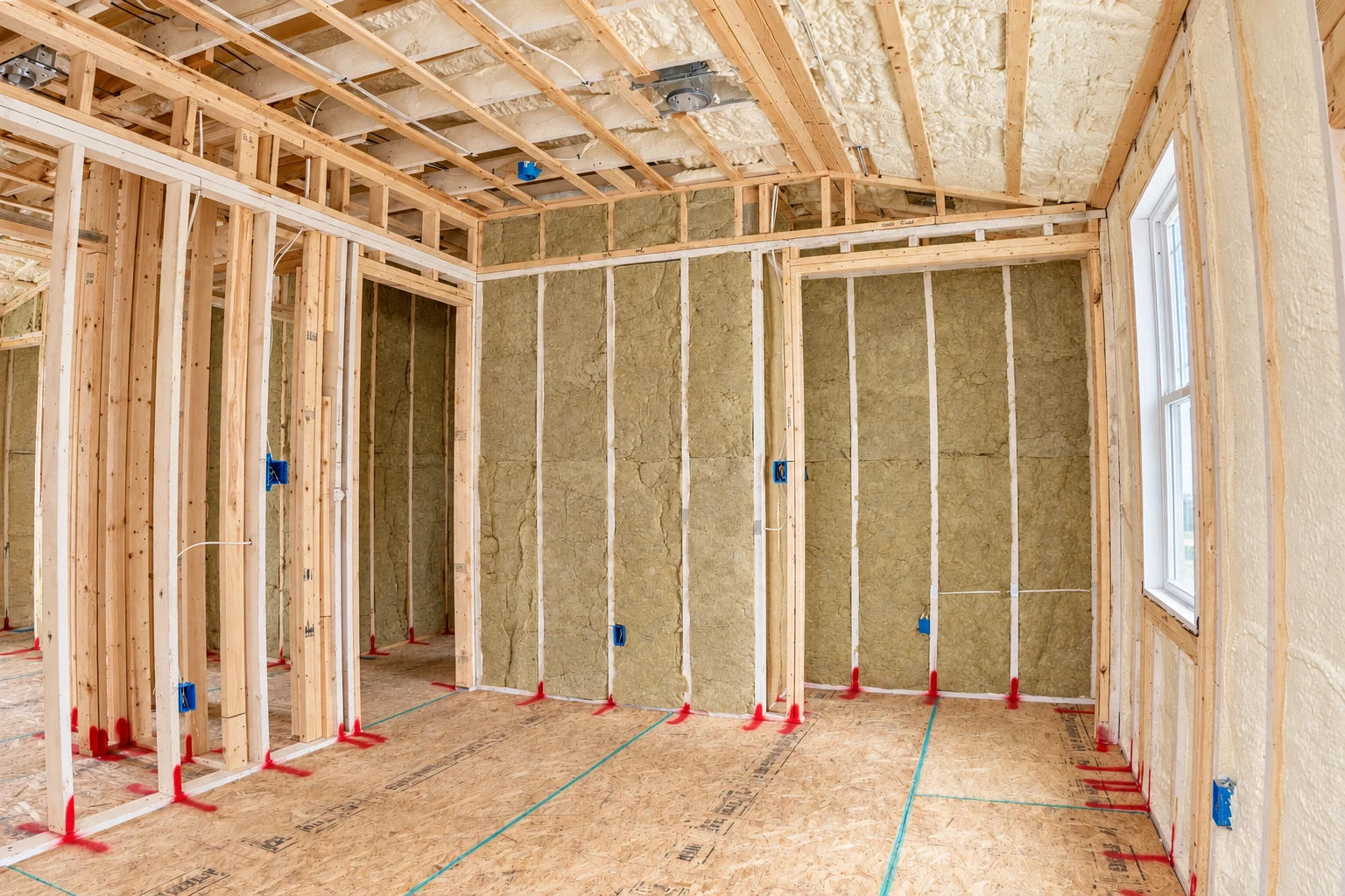 Unfinished room with exposed framing and tan insulation in the wall cavities and ceiling.
